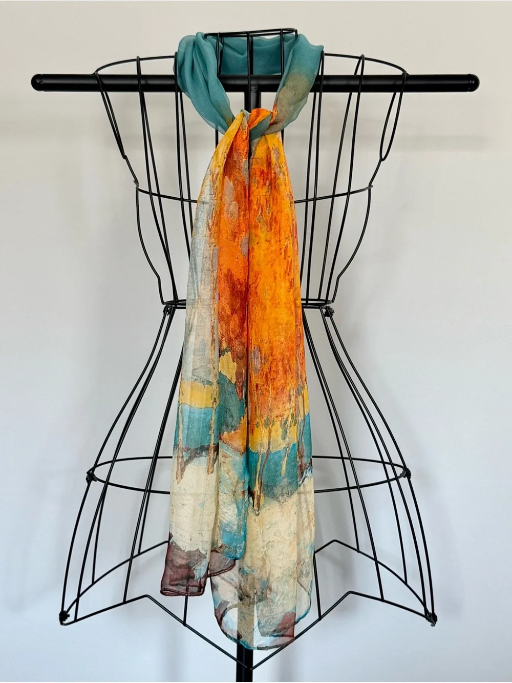 New Orange & Aqua Abstract Fall Autumn Trees Airy Lightweight Scarf 62”x19”